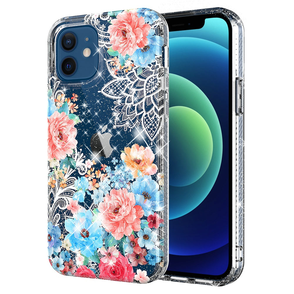 For Apple iPhone 11 /11 Pro Max Slim Hybrid Shiny Glitter Clear Floral Pattern Bloom Flower Design TPU Gel Hard PC Back Phone Case Cover