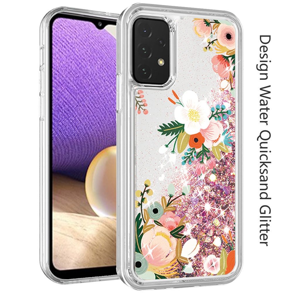 For Apple iPhone 13 Pro Max (6.7") Waterfall Quicksand Flowing Liquid Water Glitter Flower Design Bling Shockproof TPU Hybrid Protective Phone Case Cover