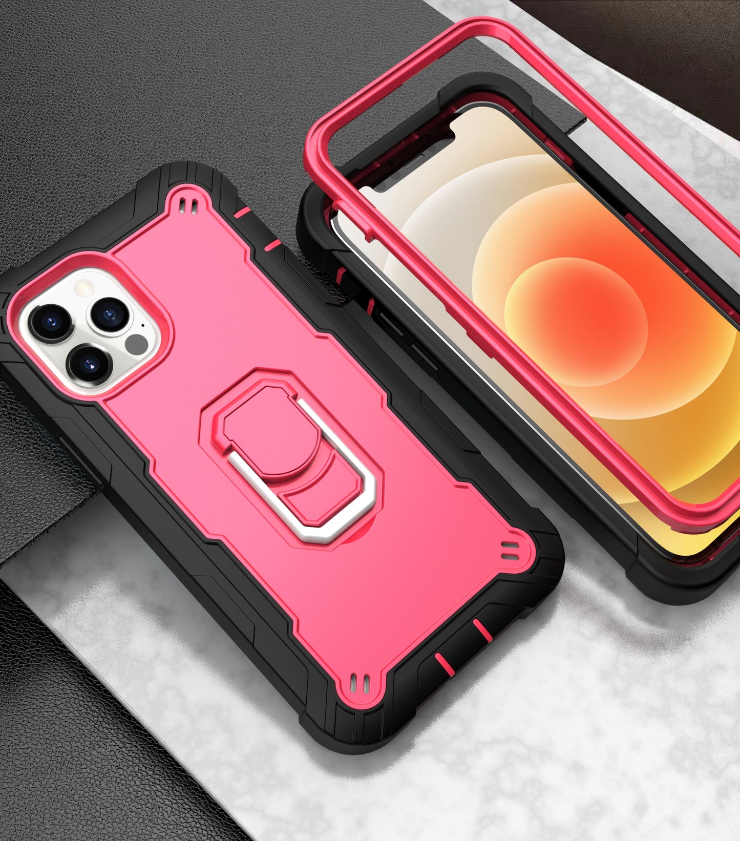 For Apple iPhone 12 Pro Max (6.7") Hybrid 3 Layers with 360° Rotatable Ring Kickstand Holder Heavy Duty Hard PC Soft Silicone Shockproof Phone Case Cover