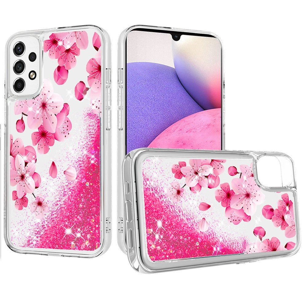 For Samsung Galaxy A33 5G Floral Design Quicksand Water Liquid Floating Sparkle Colorful Glitter Bling Flower Fashion Hybrid Phone Case Cover