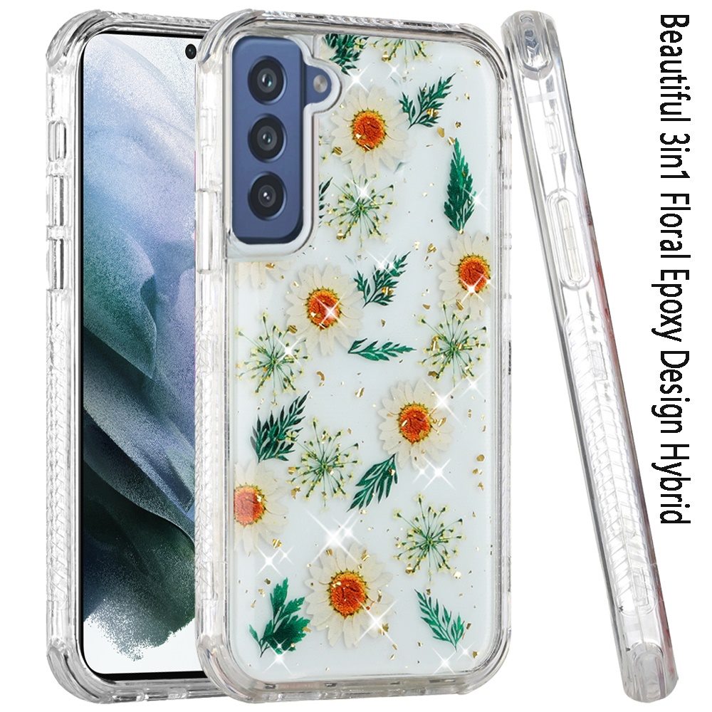 For Samsung Galaxy S21 FE /Fan Edition Sparkle Glitter Floral Epoxy Design Shockproof Hybrid Fashion Bling Rubber TPU Phone Case Cover