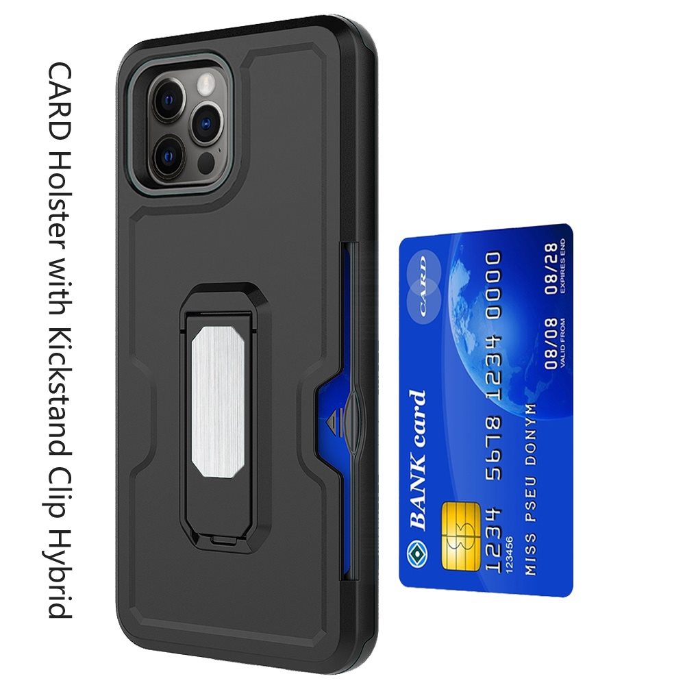 For Apple iPhone 13 / Pro Max Mini Armor Belt Clip with Credit Card Holder, Holster, Kickstand Protective Full Body Heavy Duty Hybrid Phone Case Cover