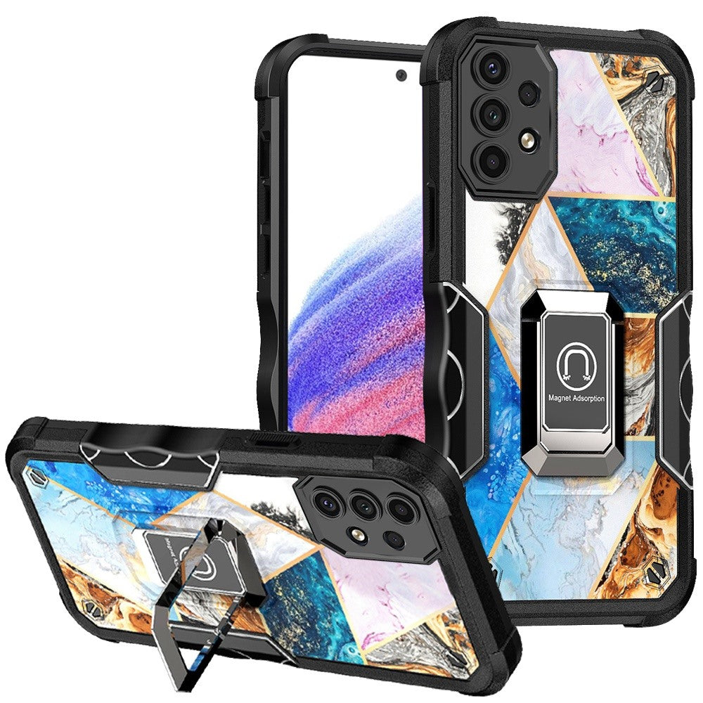 For Samsung Galaxy A53 5G Marble IMD Stone Design Hybrid Armor with Magnetic Ring Stand Kickstand Heavy Duty Rugged Shockproof Phone Case Cover