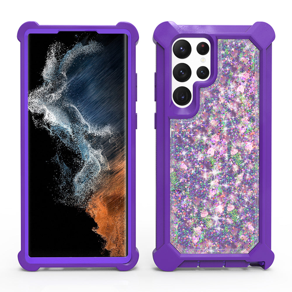 For Samsung Galaxy S22+ Plus Luxury Liquid Glitter 3in1 Sparkle Bling Quicksand Clear Heavy Duty Bumper PC Frame TPU Back Phone Case Cover