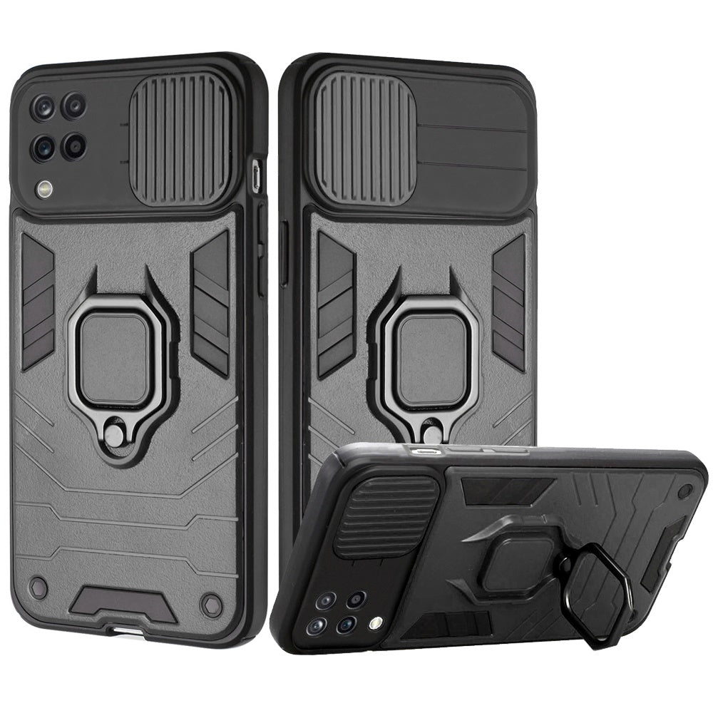 For Samsung Galaxy A12 5G Kickstand Hybrid with Slide Camera Protector, Built-in 360° Rotate Ring Stand Magnetic PC & TPU Bumper Phone Case Cover