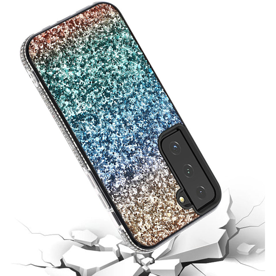 For Samsung Galaxy A22 5G Rhinestone Sparkling Rainbow Gradual Glitter Full Diamond Bling Protective Hybrid Rugged Slim TPU Phone Case Cover
