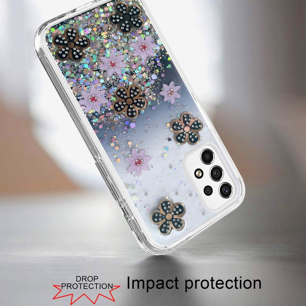 For Samsung Galaxy A53 5G Floral Stylish Design Glitter Shiny Hybrid Rubber TPU Hard PC Shockproof Armor Slim Fit Phone Case Cover
