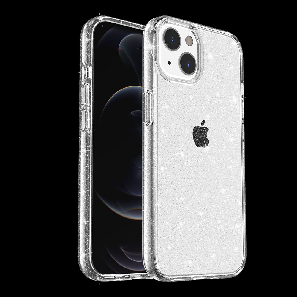 For Apple iPhone 13 Pro Max (6.7") Transparent Glitter Shiny Sparkle Bling TPU Rubber Hard Back Hybrid Armor Frame Phone Case Cover