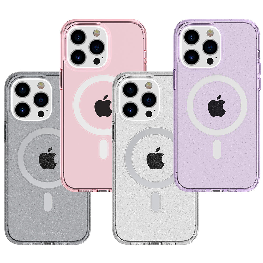 For Apple iPhone 14 Plus (6.7") Transparent Glitter Bling Sparkly Hybrid Hard PC TPU Grip Shockproof Compatible with MagSafe Purple Phone Case Cover