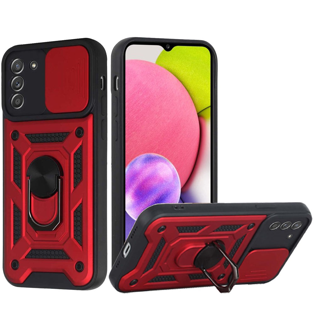 For Samsung Galaxy A03S Hybrid Cases with Slide Camera Lens Cover and Ring Holder Kickstand Rugged Dual Layer Heavy Duty Phone Case Cover