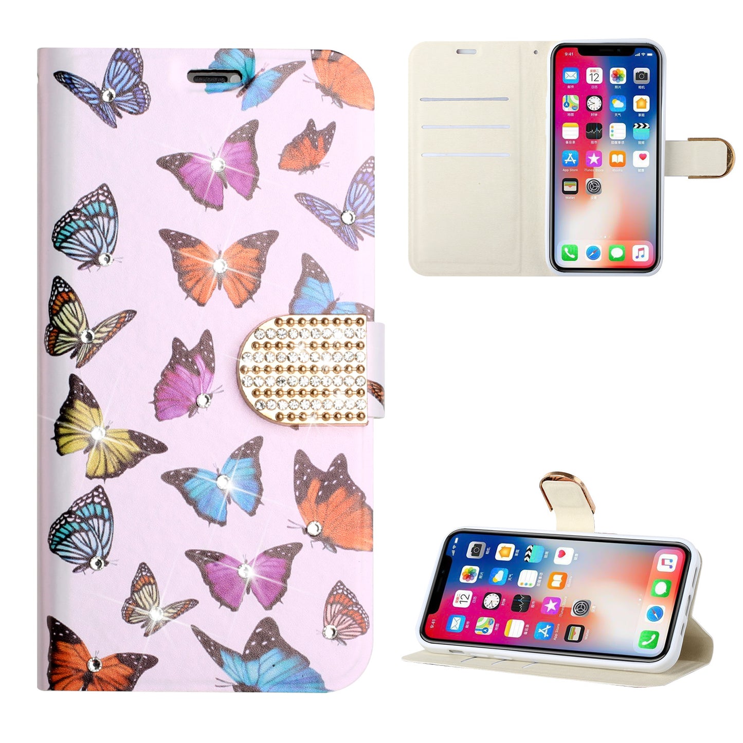 For Samsung Galaxy A02S Design Pattern PU Leather Wallet 3D Diamond Bling Buckle with Credit Card Slot & Stand Pouch Flip Phone Case Cover
