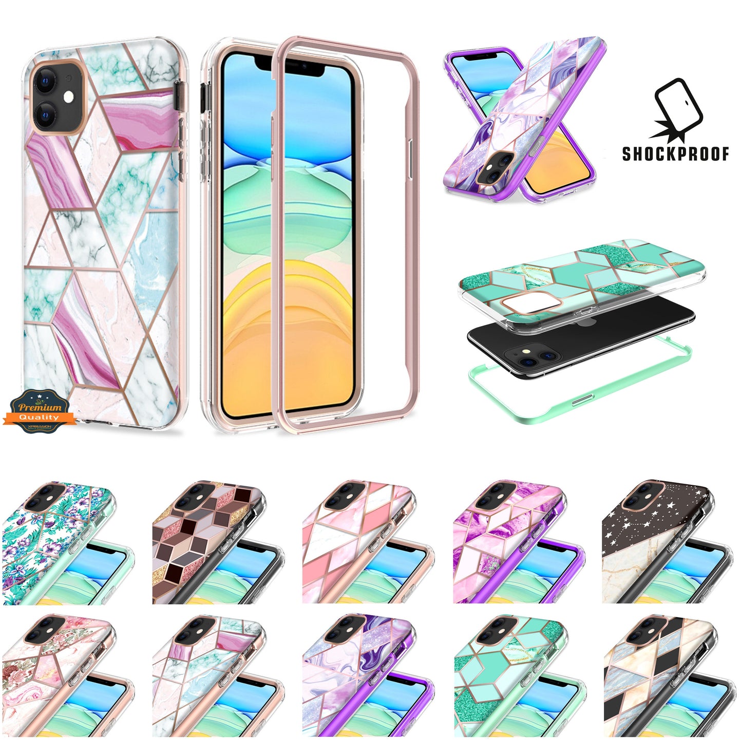 For Apple iPhone 11 (6.1") Dual Layer Hybrid Shockproof Fashion Design IMD Electroplating 2in1 Hard Rubber Frame Phone Case Cover