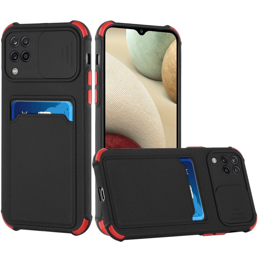 For Samsung Galaxy A12 5G Slim Wallet Case Credit Card Holder Back TPU Hybrid Rubber Silicone with Slide Camera Protection Phone Case Cover