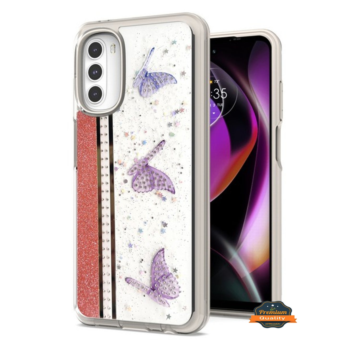 For Motorola Moto G 5G 2022 Butterflies Design Bling Glitter Shockproof Hybrid Soft TPU Frame and Hard PC Back Slim Phone Case Cover