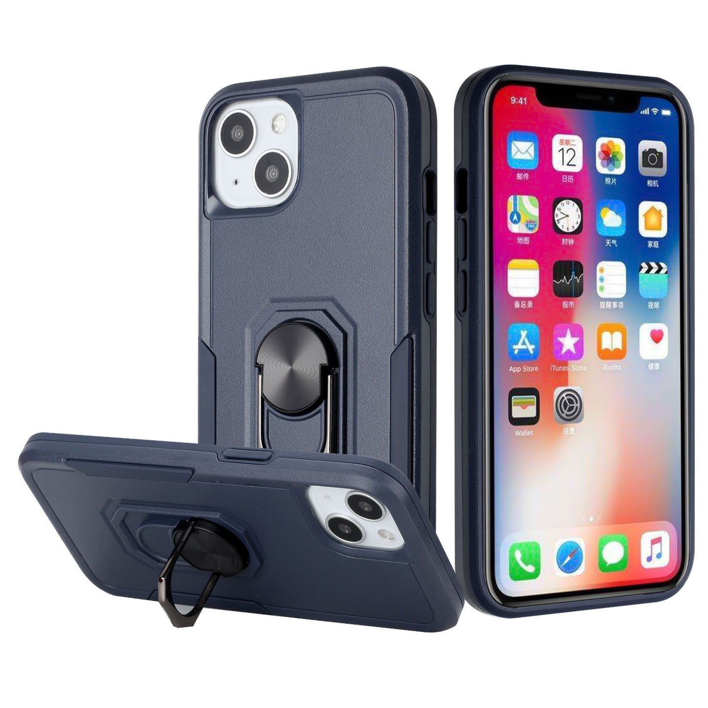 For Apple iPhone 11 (6.1") Hybrid Rugged Hard Drop-Proof 3 Layer Protection Military Grade Armor with Metal Ring Stand Phone Case Cover