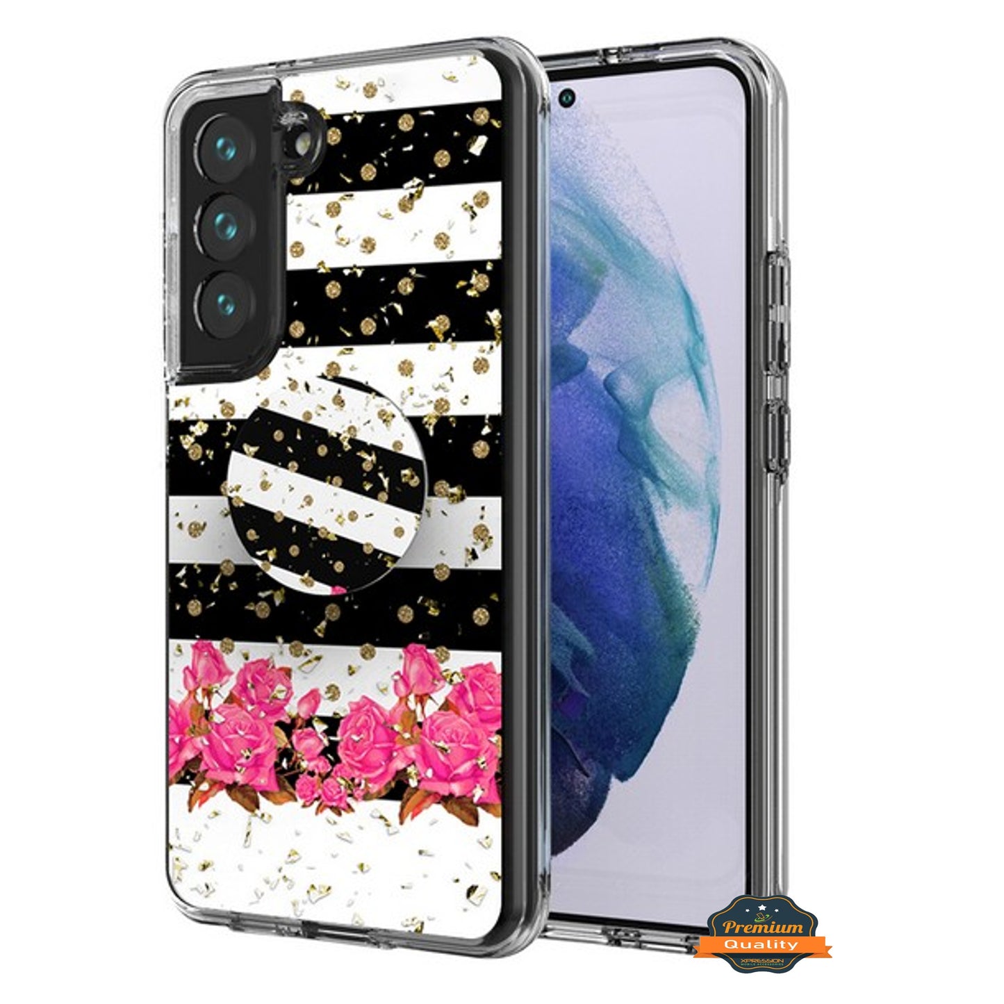 For Samsung Galaxy S22 Plus Elegant Pattern Design Bling Glitter Hybrid Cases with Ring Stand Pop Up Finger Holder Kickstand Phone Case Cover