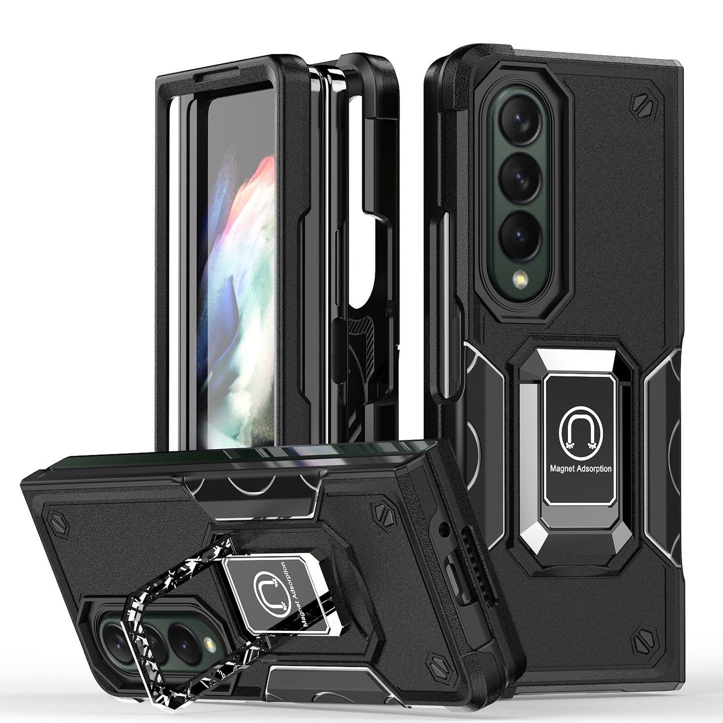For Samsung Galaxy Z Fold 4 5G Hybrid Cases with Magnetic Ring Holder Kickstand Heavy Duty Rugged Silicone Shockproof Phone Case Cover