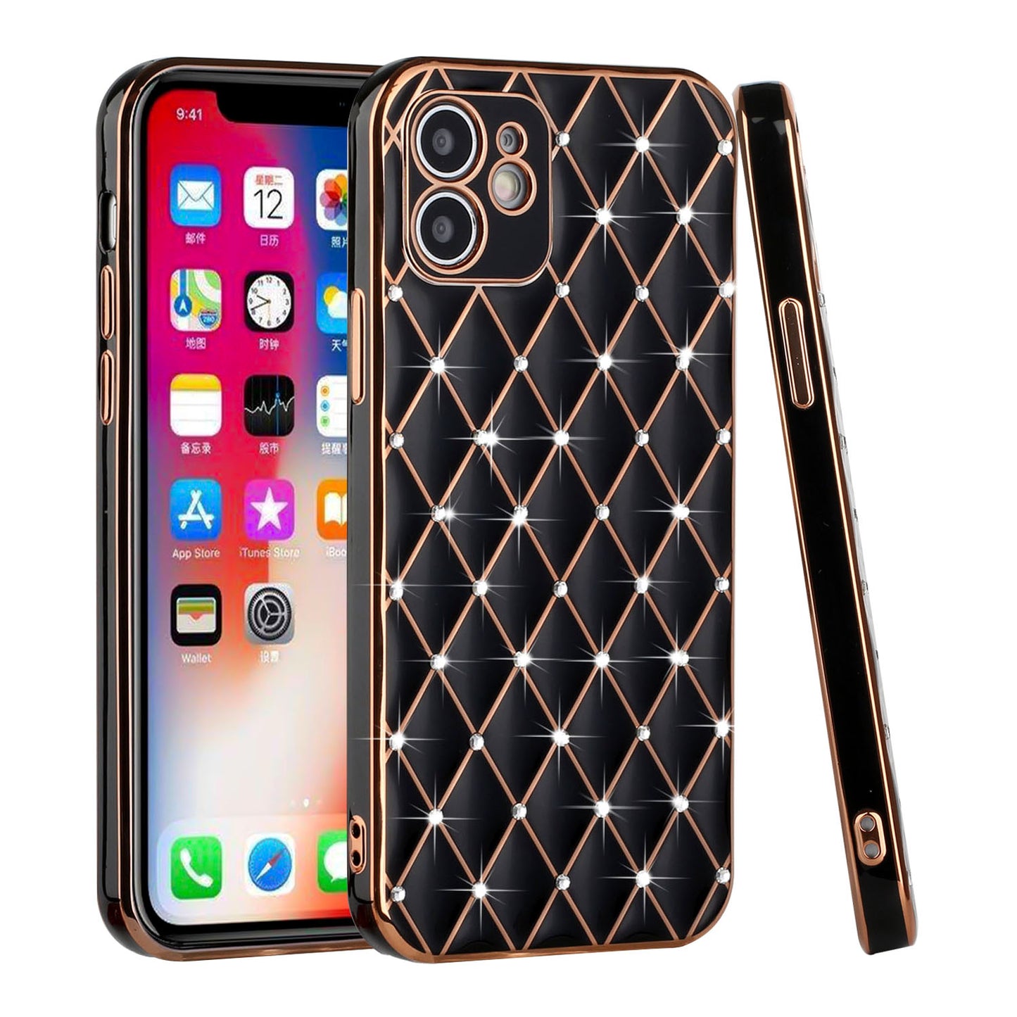 For Apple iPhone 11 (6.1") Luxury Diamonds on Electroplated Grid Design Rhinestone Protective TPU Hard PC Phone Case Cover