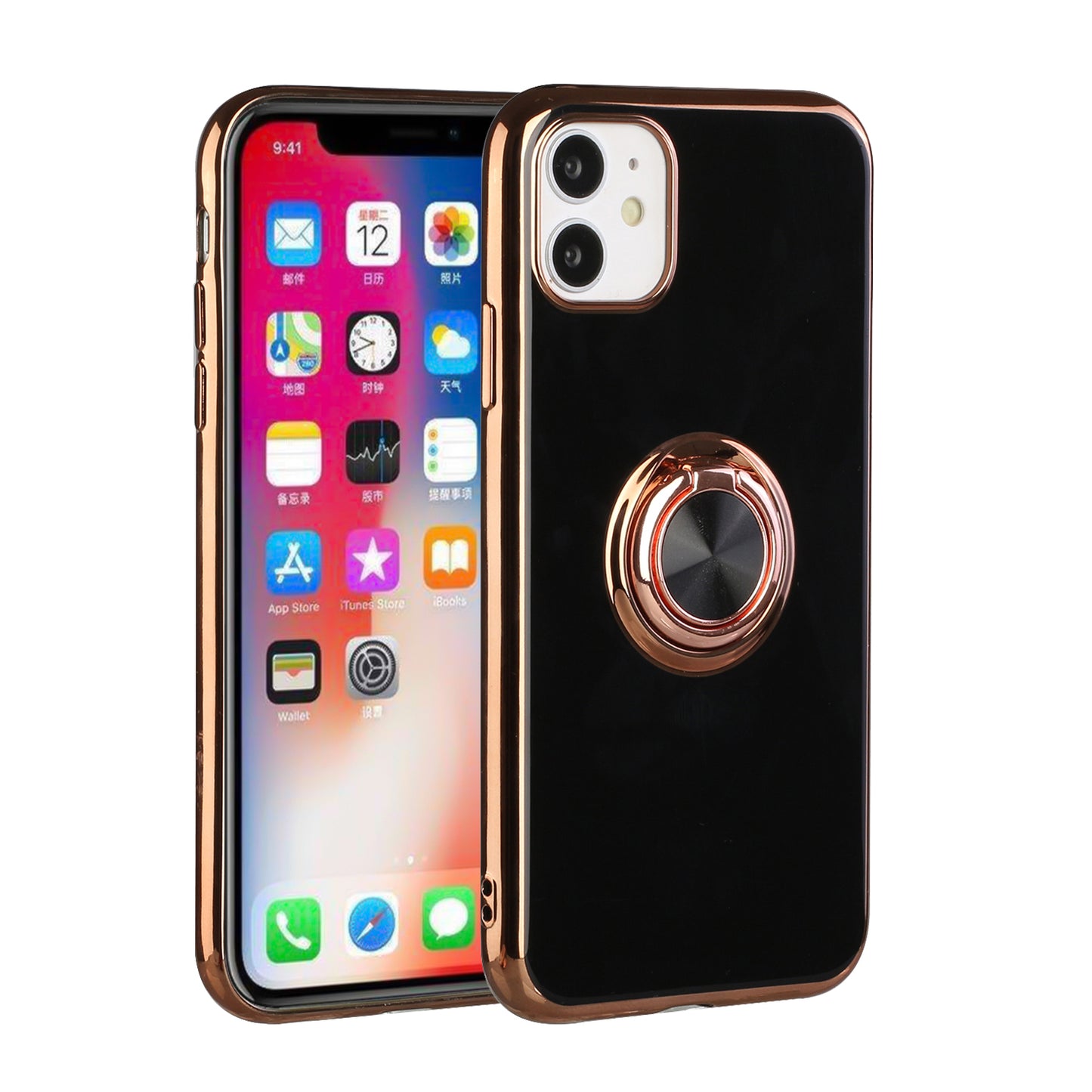 For Apple iPhone 11 (6.1") Slim Hybrid Metal Finger Ring Stand Electroplated Edges TPU Frame Shock-Absorption Bumper Phone Case Cover