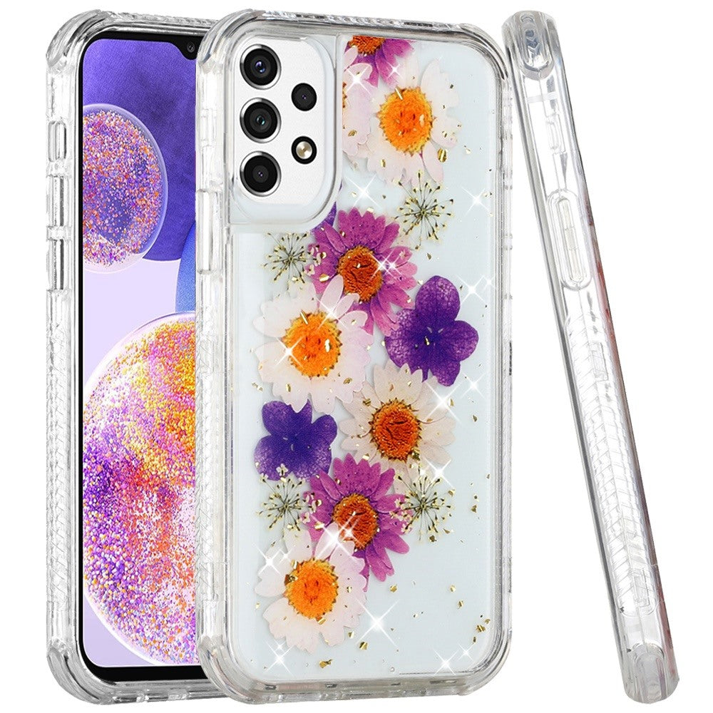 For Samsung Galaxy A23 5G Sparkle Glitter Floral Epoxy Design Shockproof Hybrid Fashion Bling Rubber TPU & Hard PC Phone Case Cover