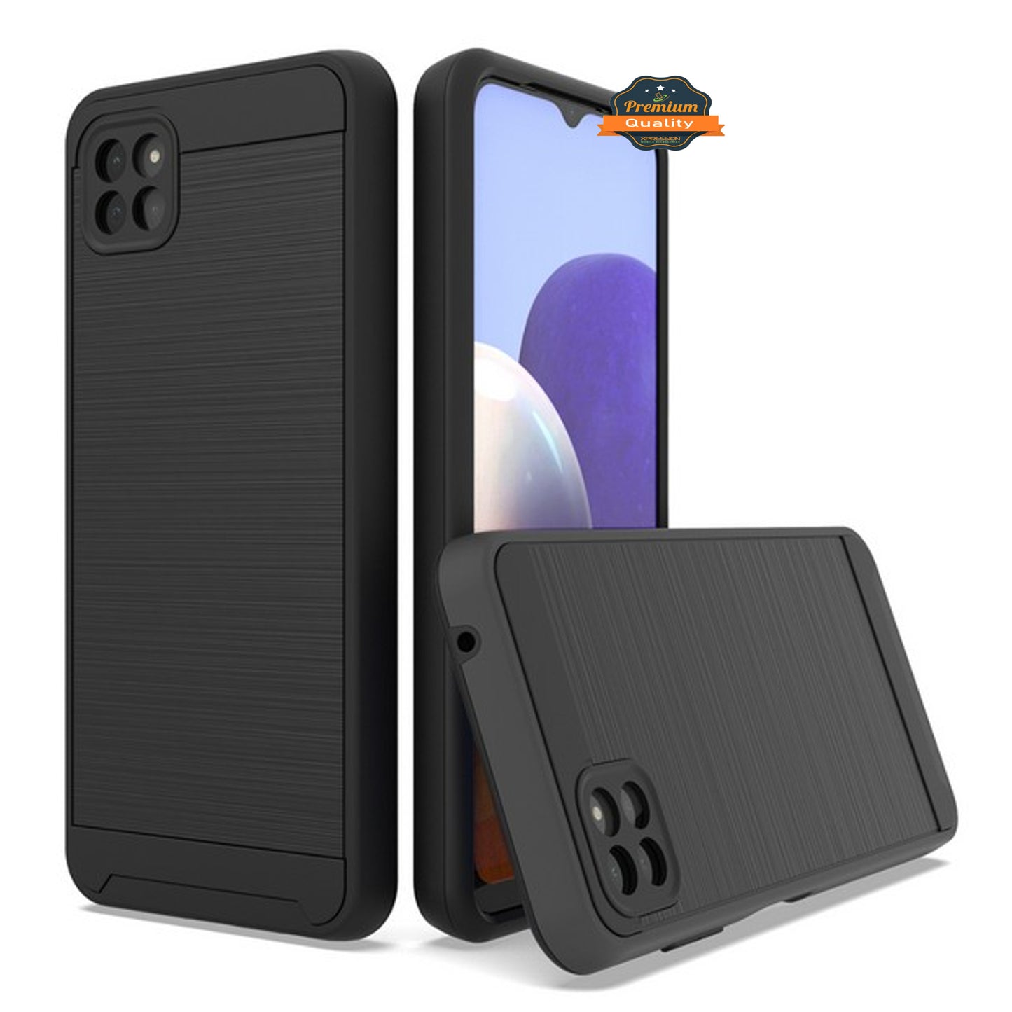 For Samsung Galaxy A22 5G Slim Rugged TPU + Hard PC Brushed Metal Texture Hybrid Dual Layer Defender Armor Shock Absorbing Phone Case Cover