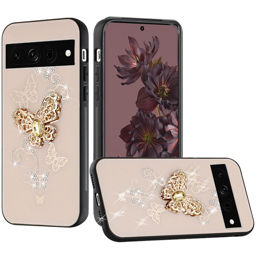 For Google Pixel 6A Diamonds Bling Sparkly Glitter 3D Ornaments Engraving Hybrid with Ring Stand Holder Fashion Phone Case Cover