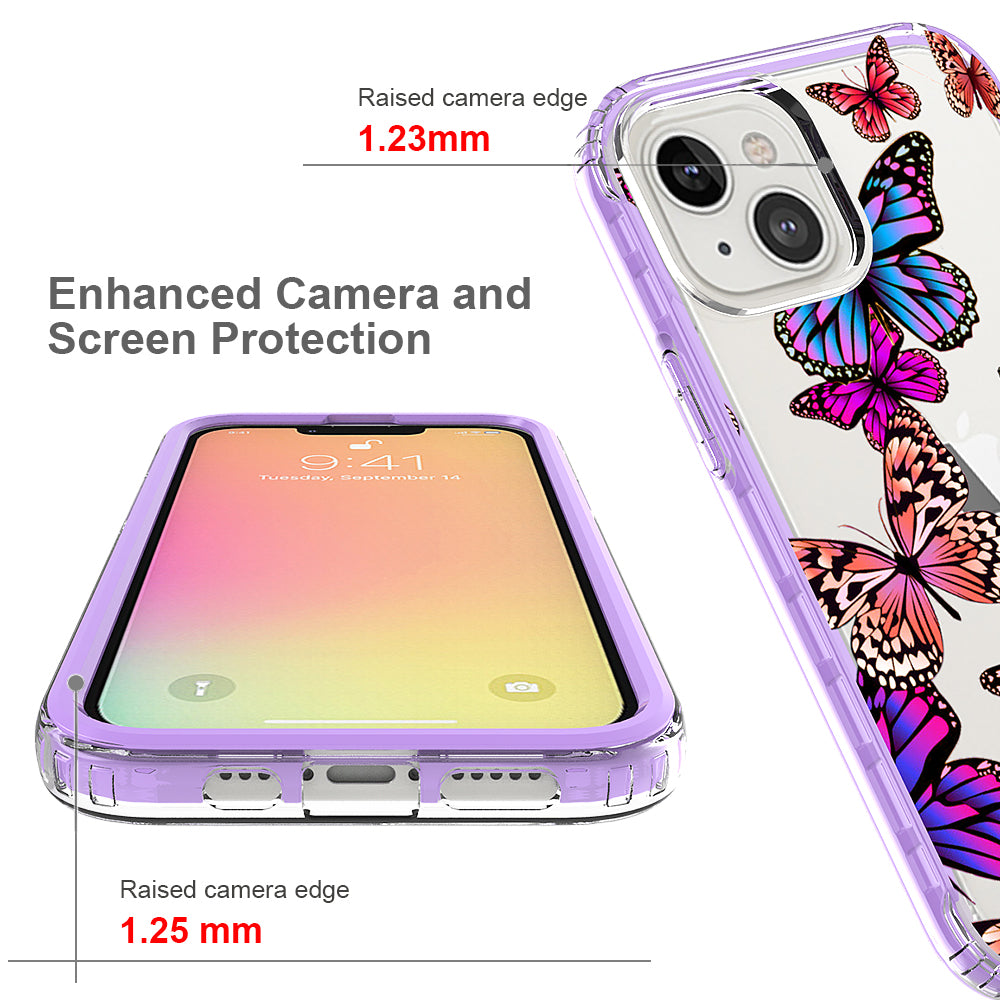 For Apple iPhone 14 Plus (6.7") Beautiful Design 3in1 Hybrid Triple Layer Armor Hard PC Plastic Rubber Frame Purple Butterfly Phone Case Cover