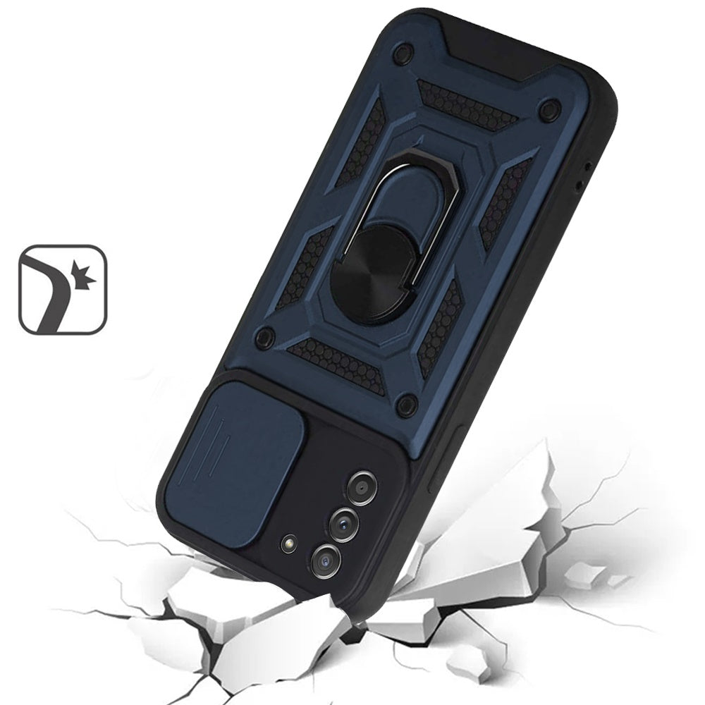 For Samsung Galaxy A02S Hybrid Cases with Slide Camera Lens Cover and Ring Holder Kickstand Rugged Dual Layer Heavy Duty Phone Case Cover