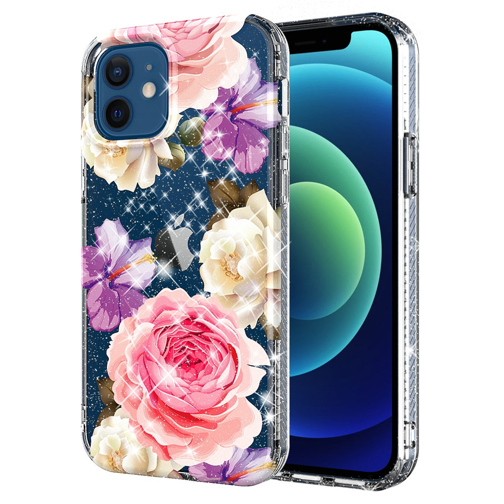 For Apple iPhone 11 /11 Pro Max Slim Hybrid Shiny Glitter Clear Floral Pattern Bloom Flower Design TPU Gel Hard PC Back Phone Case Cover