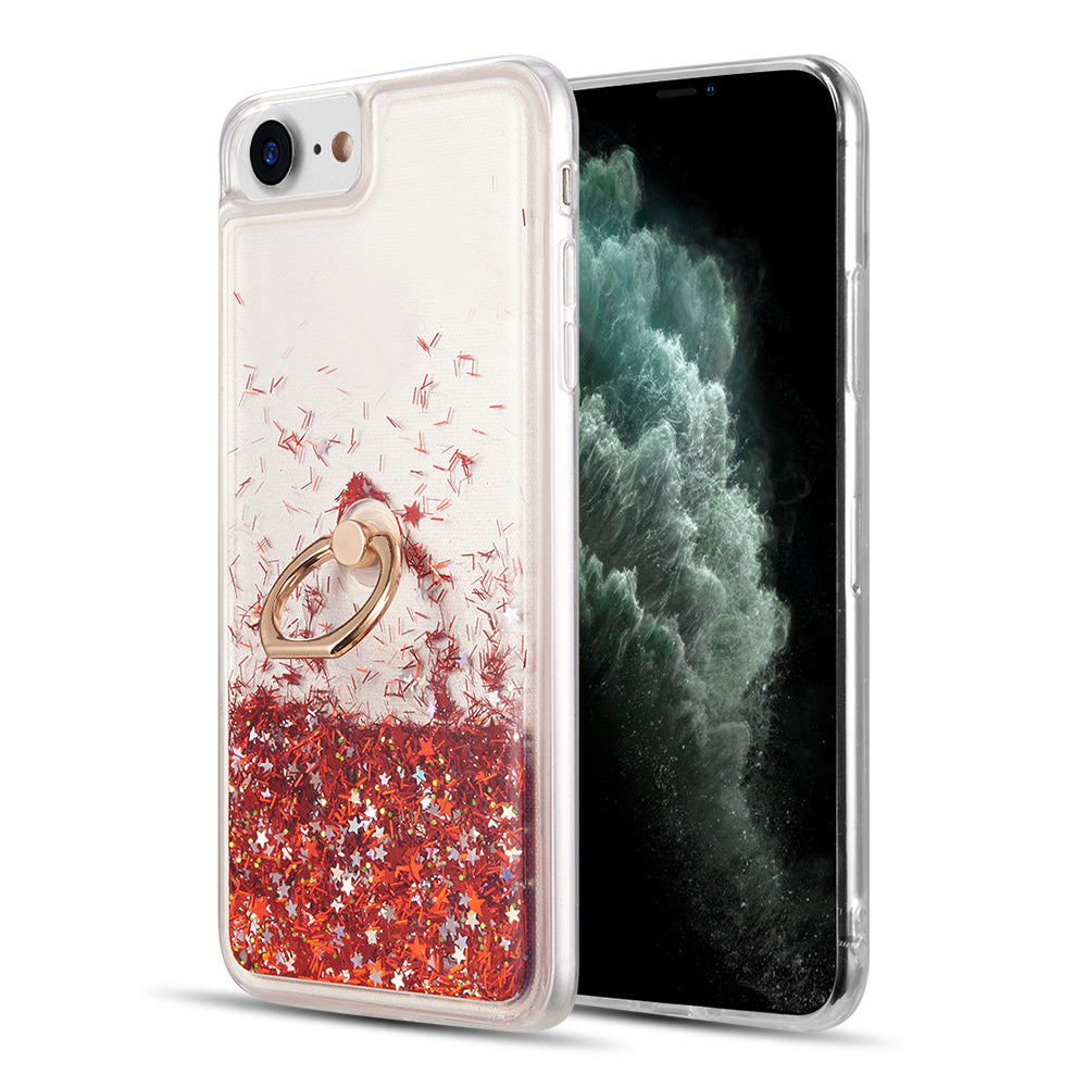 For Apple iPhone SE 3 (2022) Hybrid Glitter Bling Sparkling Liquid Quicksand TPU Rubber PC with Ring Stand Holder Kickstand Phone Case Cover