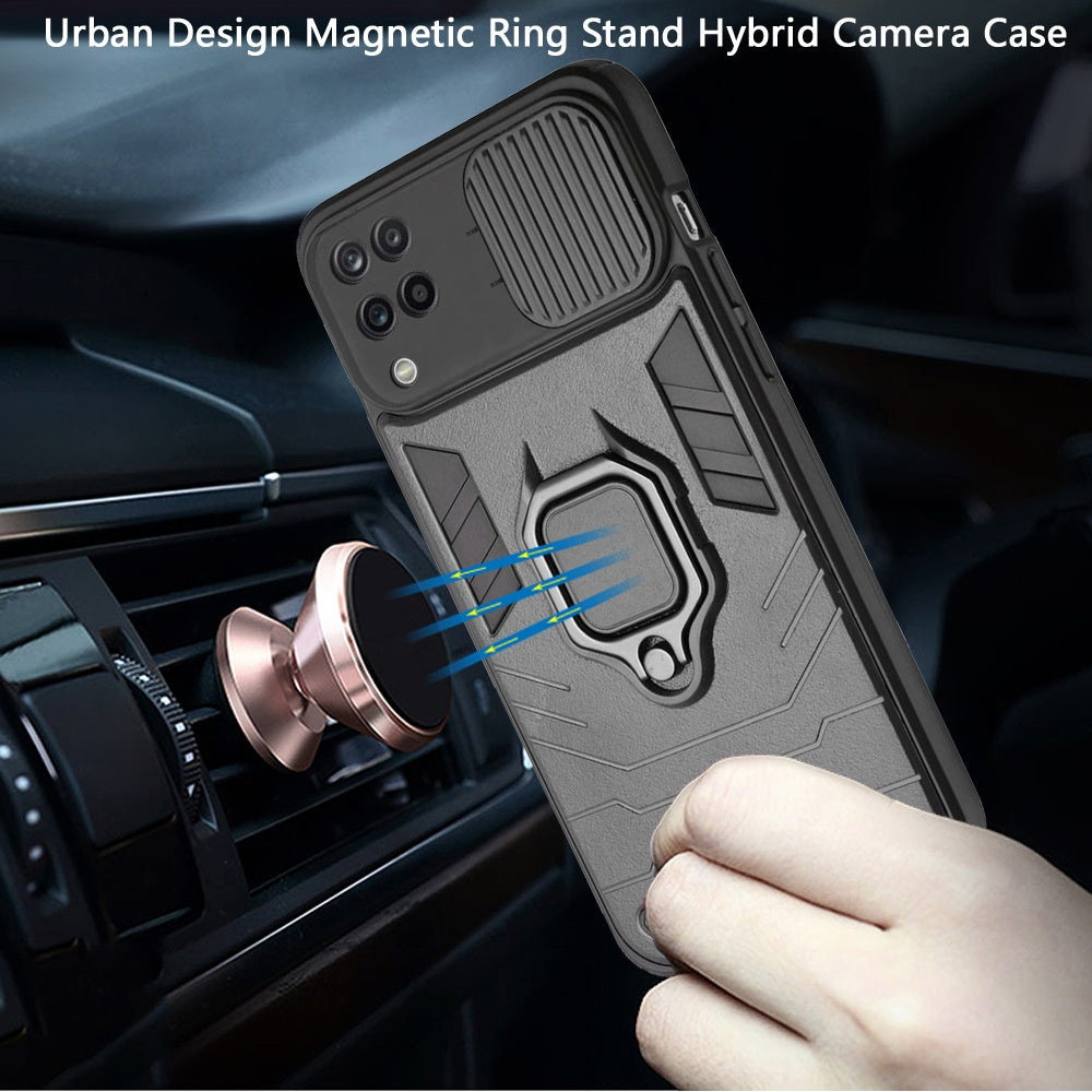 For Samsung Galaxy A12 5G Kickstand Hybrid with Slide Camera Protector, Built-in 360° Rotate Ring Stand Magnetic PC & TPU Bumper Phone Case Cover
