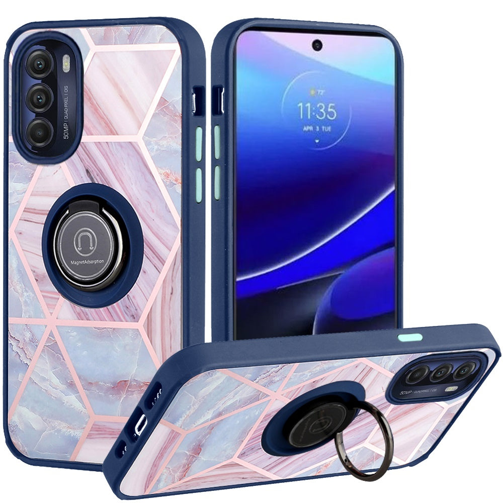 For Motorola Moto G Stylus 5G 2022 Marble Design with Magnetic Ring Kickstand Holder Hybrid TPU Hard PC Shockproof Phone Case Cover
