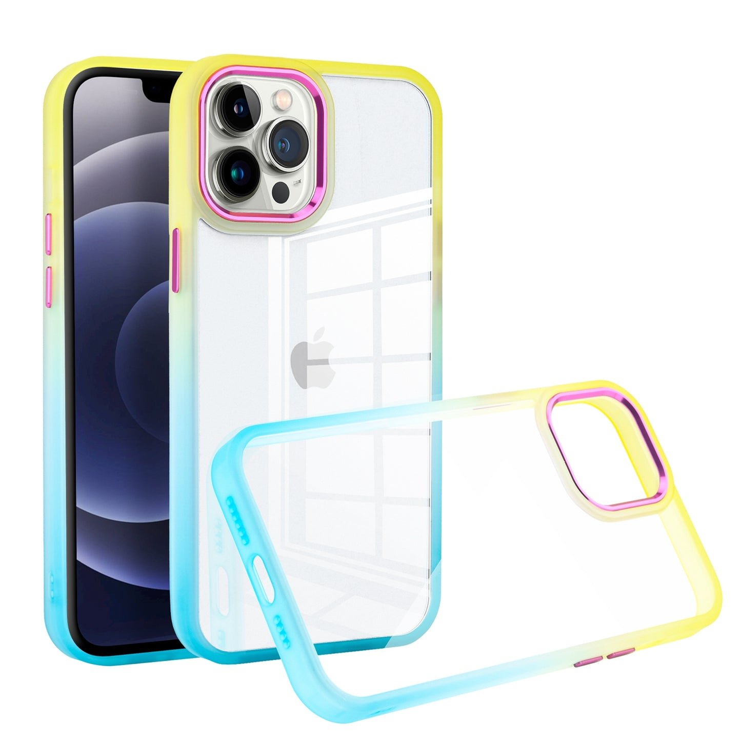 For Apple iPhone 13 Pro Max 6.7" Transparent Two Tone Gradient Colorful Frame Hybrid Rubber TPU Gummy Hard PC Phone Case Cover