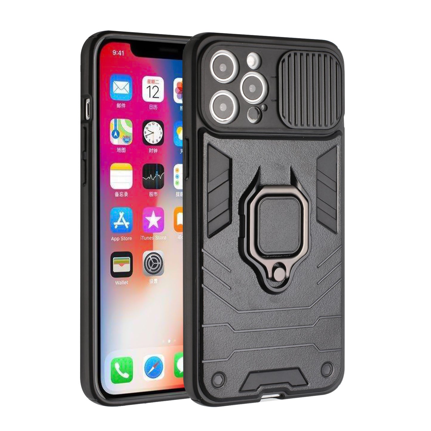 For Samsung Galaxy A02S Kickstand Hybrid with Slide Camera Protector, Built-in 360° Rotate Ring Stand Magnetic PC & TPU Bumper Phone Case Cover