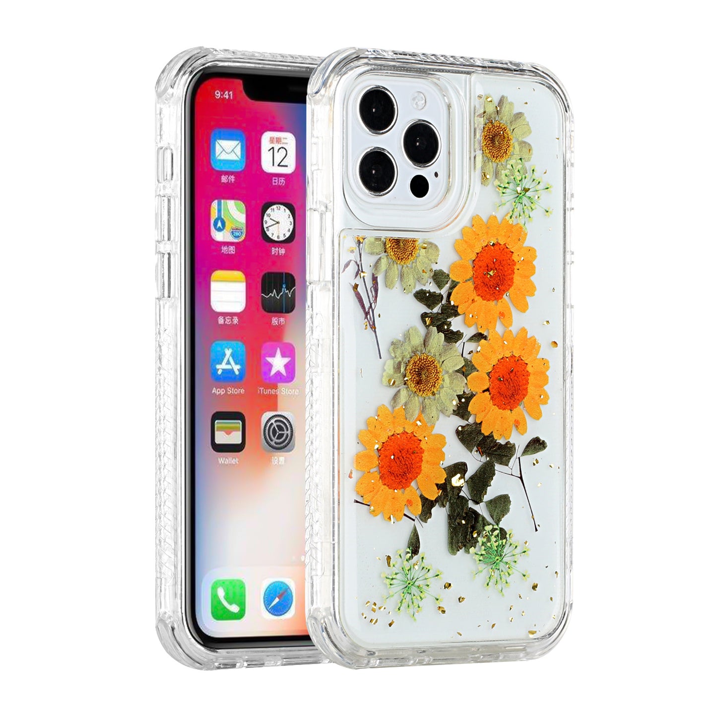 For Apple iPhone 14 Pro Max (6.7") Sparkle Glitter Floral Epoxy Design Shockproof Hybrid Fashion Bling Rubber Phone Case Cover