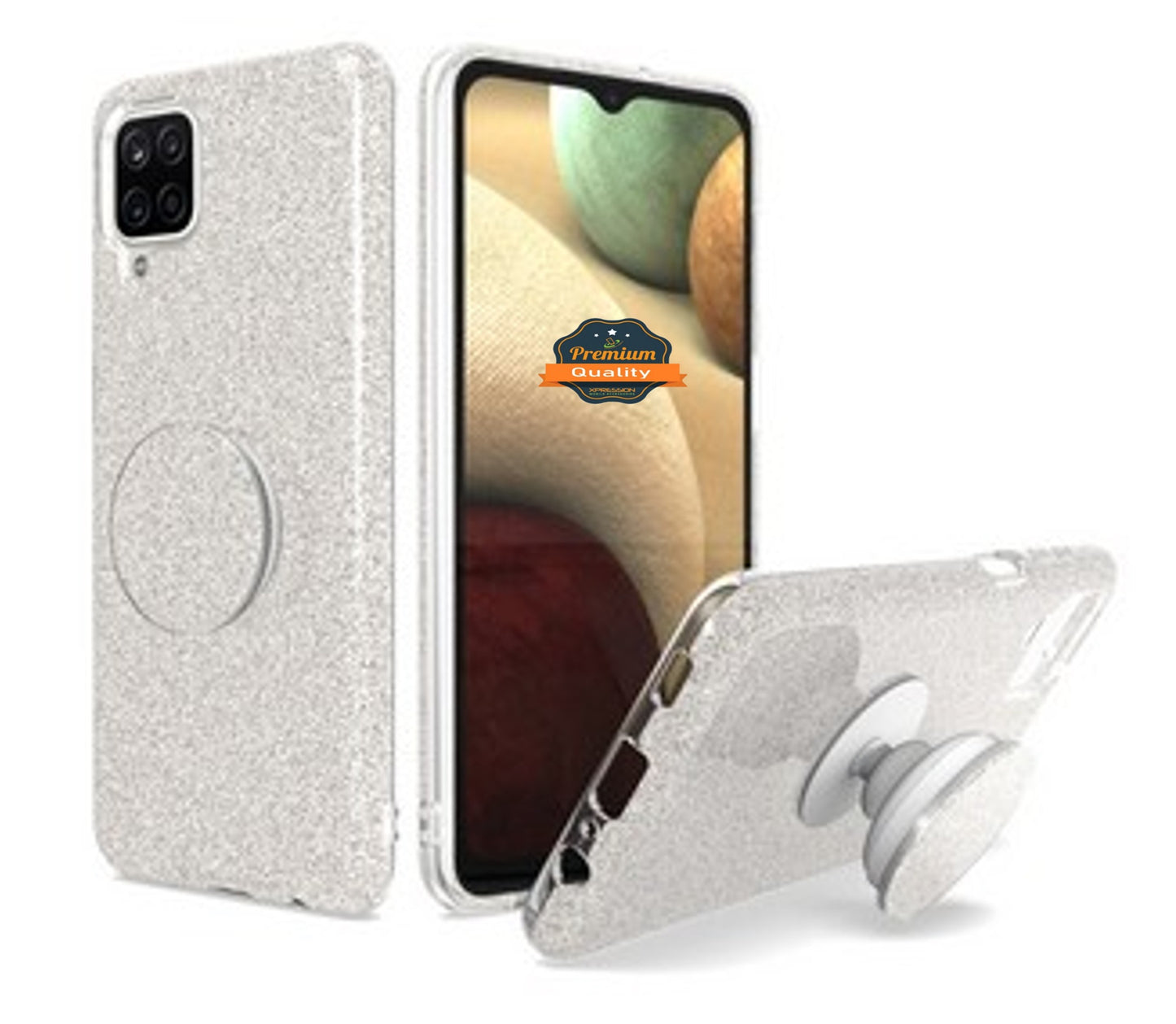 For Samsung Galaxy A12 5G Premium Soft TPU Bling Glitter with Round Stand Expanding Pop Holder Protective Hybrid Slim Phone Case Cover