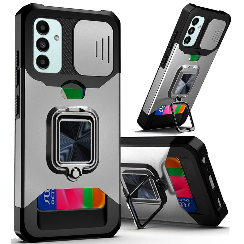 For Samsung Galaxy A13 4G 2022 Wallet Case with Ring Stand & Slide Camera Cover Credit Card Holder, Military Grade Hard Phone Case Cover