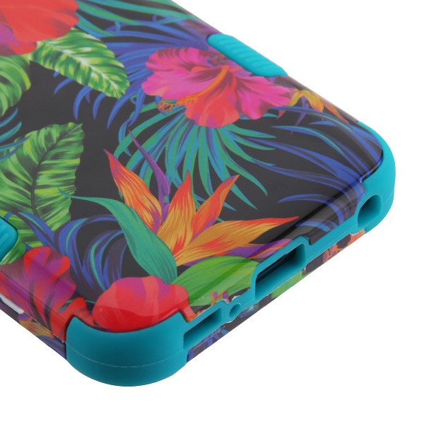 For LG Q7, LG Q7+ Floral Design Hybrid Three Layer Hard PC Shockproof Heavy Duty TPU Rubber Anti-Drop Hibiscus Tropical Flower Phone Case Cover