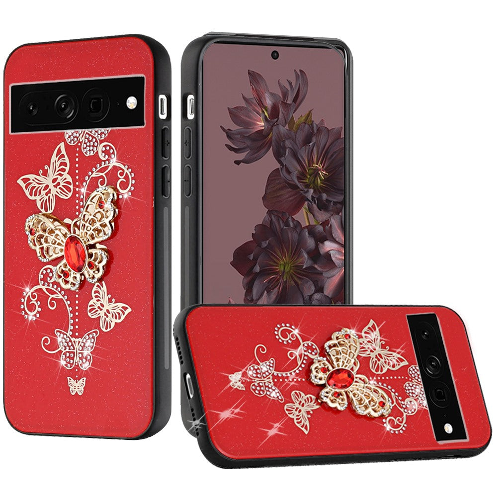 For Google Pixel 7/ 7 Pro Diamonds Bling Sparkly Glitter 3D Ornaments Engraving Hybrid with Ring Stand Holder Fashion Phone Case Cover