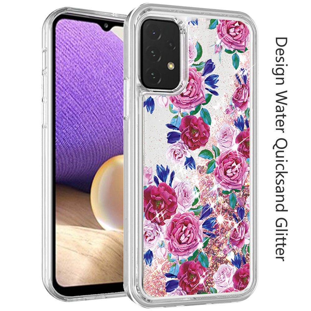 For Apple iPhone 11 (6.1") Floral Design Quicksand Water Flowing Liquid Floating Sparkle Glitter Bling Hybrid Phone Case Cover