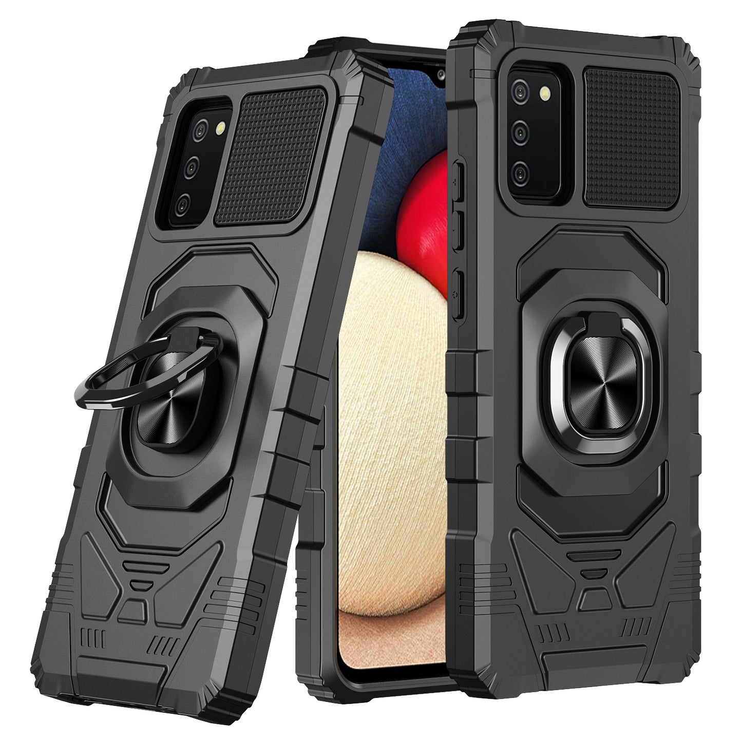 For Samsung Galaxy A02S Hybrid Dual Layer with Rotate Magnetic Ring Stand Holder Kickstand, Rugged Shockproof Anti-Scratch Protective Phone Case Cover