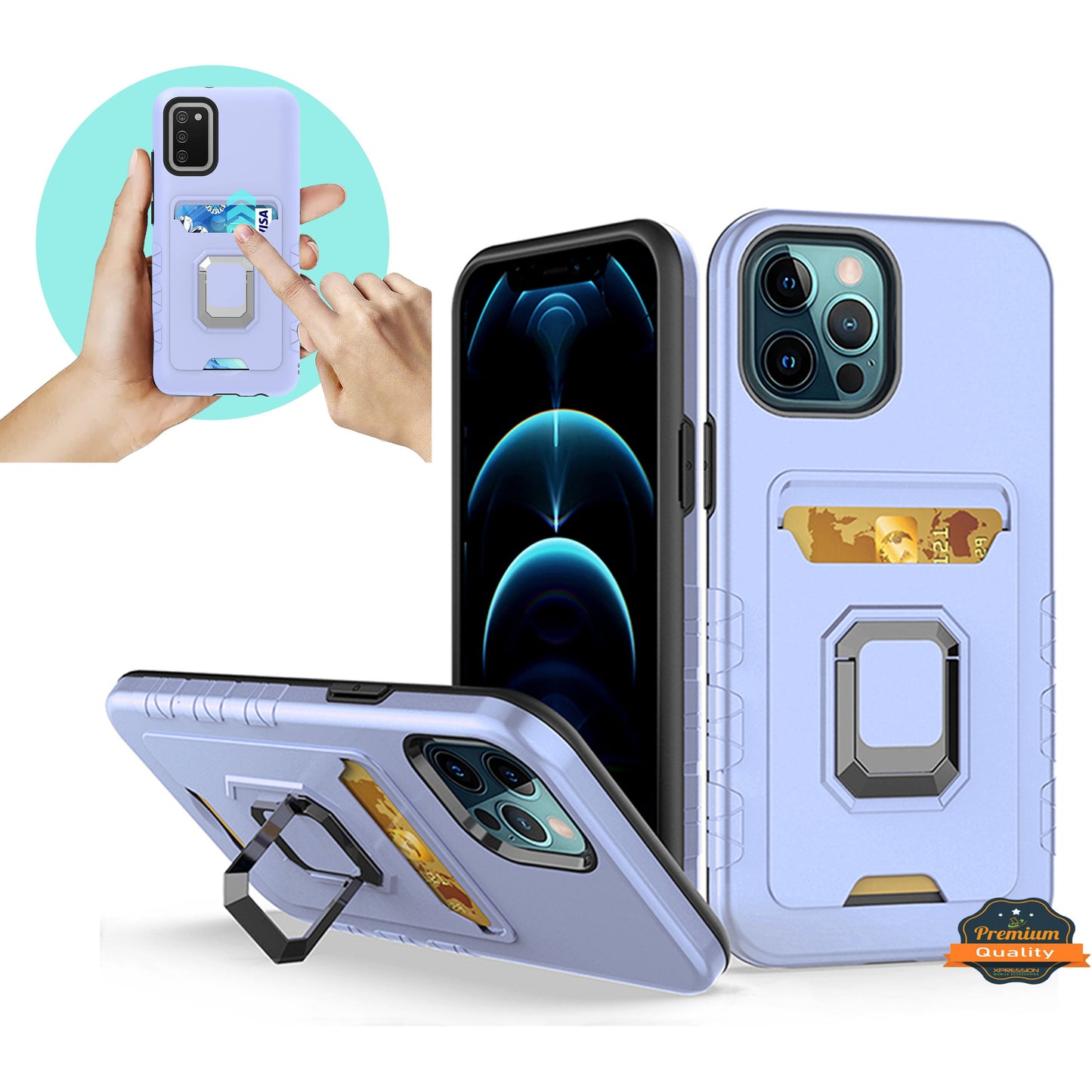 For Apple iPhone 13 /Pro Max Credit Card Holder Slot with Stand Kickstand Ring Hybrid Heavy Duty Defender Armor TPU Military Grade Phone Case Cover