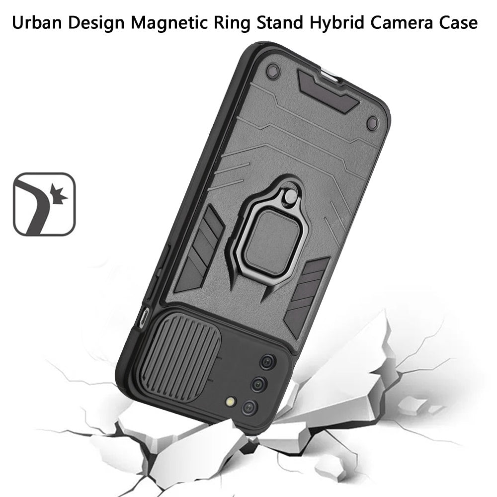 For Samsung Galaxy A02S Kickstand Hybrid with Slide Camera Protector, Built-in 360° Rotate Ring Stand Magnetic PC & TPU Bumper Phone Case Cover