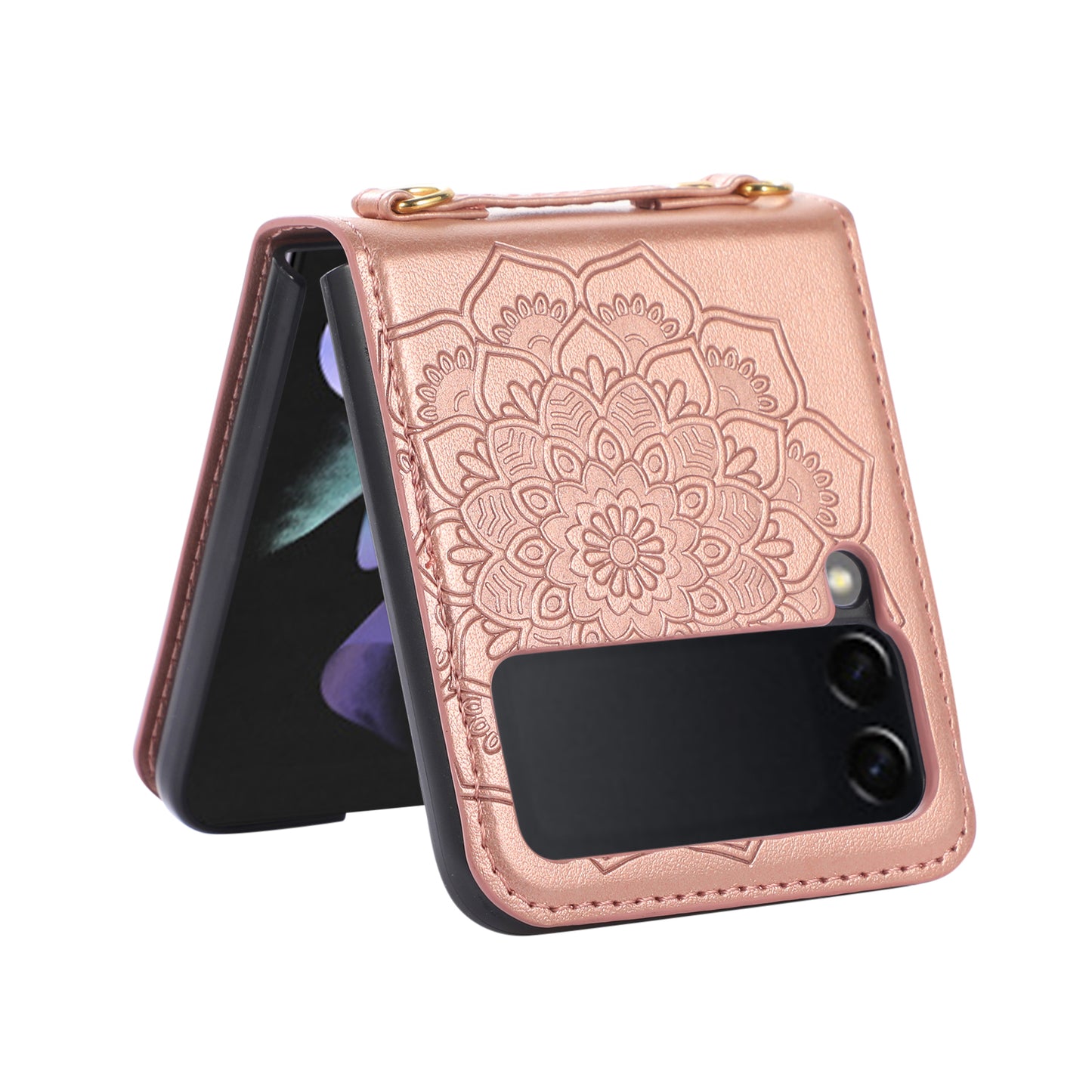 For Samsung Galaxy Z Flip 4 5G Embossed Floral Henna Mandala Design PU Leather with Strap Lanyard Hybrid Protective Phone Case Cover