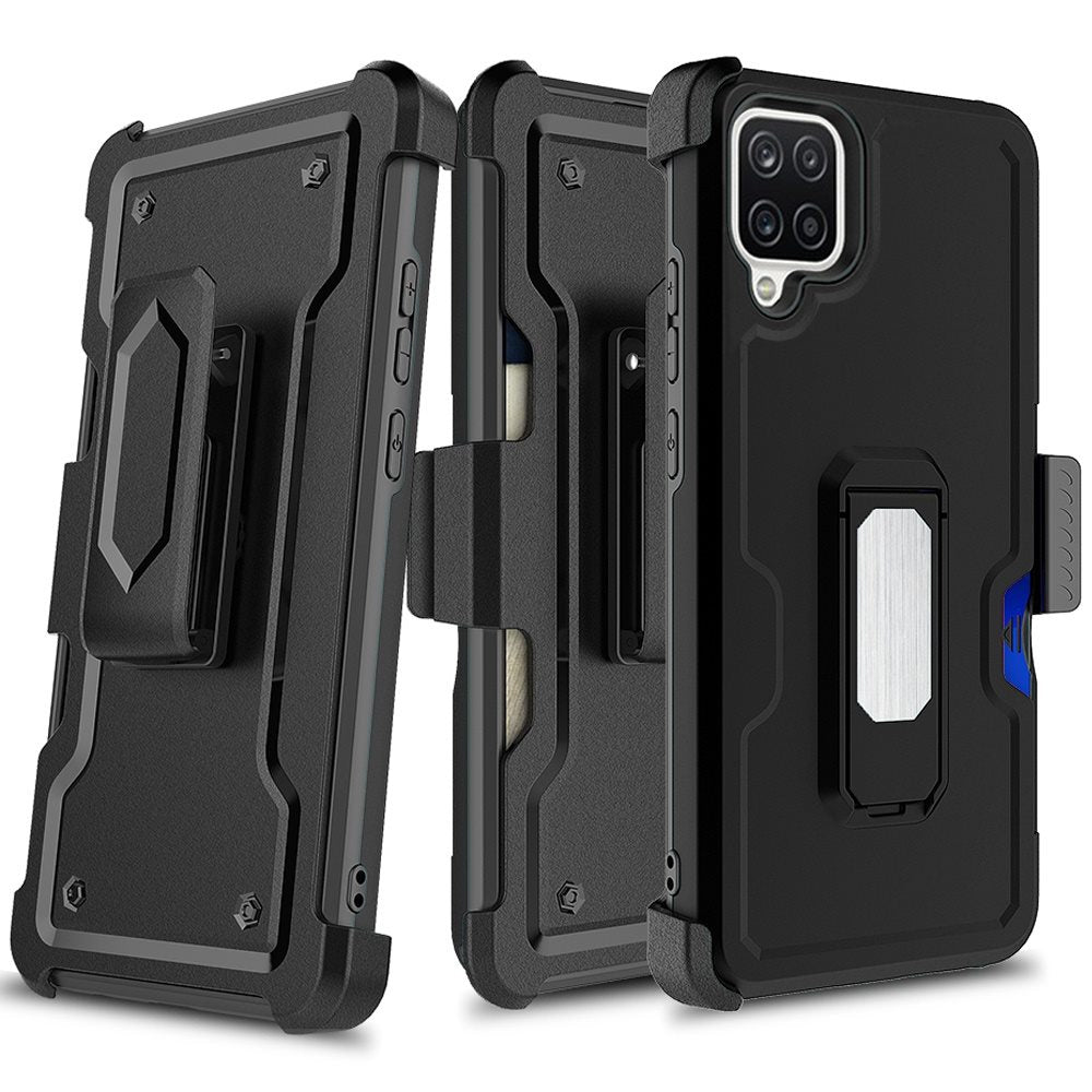 For Samsung Galaxy A12 5G Armor Belt Clip with Credit Card Holder, Holster, Kickstand Protective Full Body Heavy Duty Hybrid Phone Case Cover