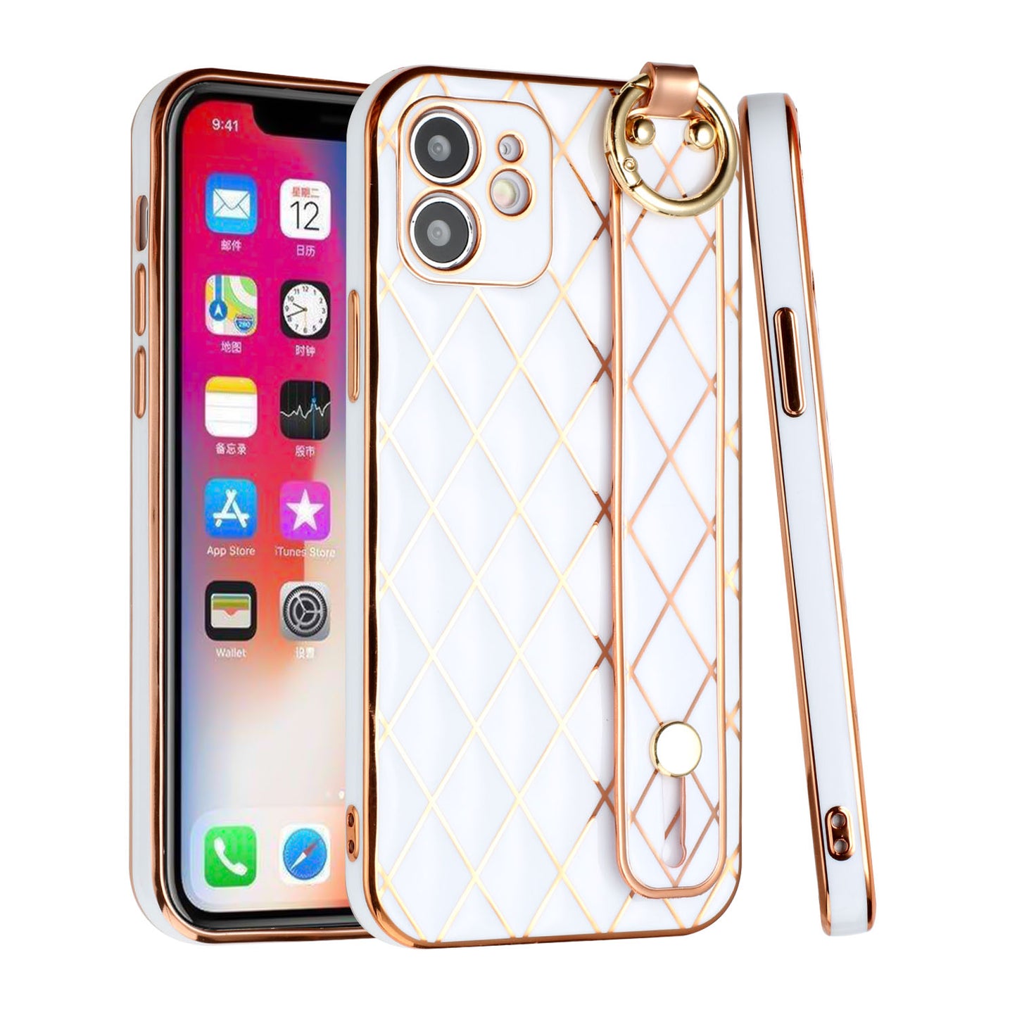 For Apple iPhone 11 (6.1") Chromed Grid Design with Strap Holder Fashion Hybrid Rubber TPU Hard PC Slim Fit Phone Case Cover