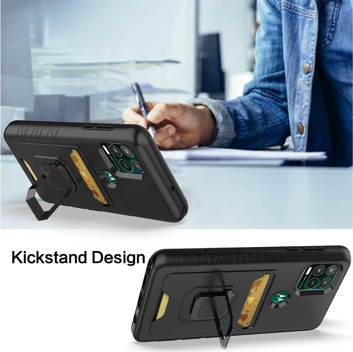 For Apple iPhone 13 /Pro Max Credit Card Holder Slot with Stand Kickstand Ring Hybrid Heavy Duty Defender Armor TPU Military Grade Phone Case Cover