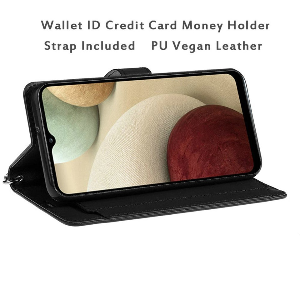 For Samsung Galaxy A02S Wallet Case PU Leather Credit Card ID Cash Holder Slot Dual Flip Pouch with Stand and Strap Black Phone Case Cover