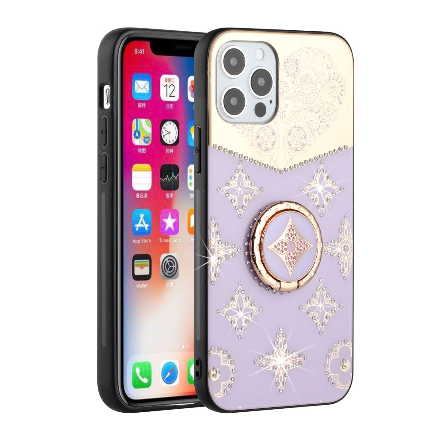 For Apple iPhone 13 Pro (6.1") Diamond Bling Sparkly Glitter Ornaments Engraving Hybrid Armor with Ring Stand Holder Rugged Fashion Phone Case Cover