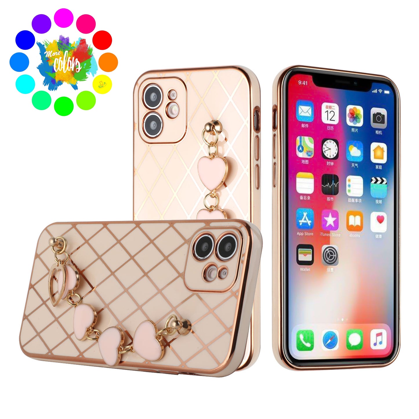 For Apple iPhone 11 (6.1") Electroplated Grid Diamond Lines with Hearts Chain Fashion Holder Hybrid Design TPU Hard PC Phone Case Cover